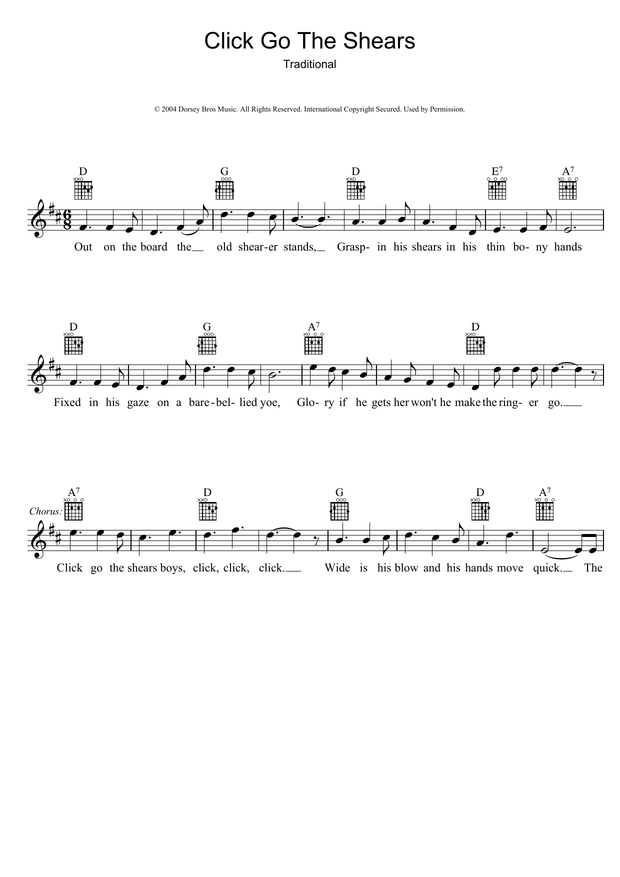 Learn to play Traditional Click Go The Shears sheet music for Melody Line, Lyrics & Chords in minutes. Traditional Click Go The Shears sheet music preview music notes and score for Melody Line, Lyrics & Chords including 2 page(s)