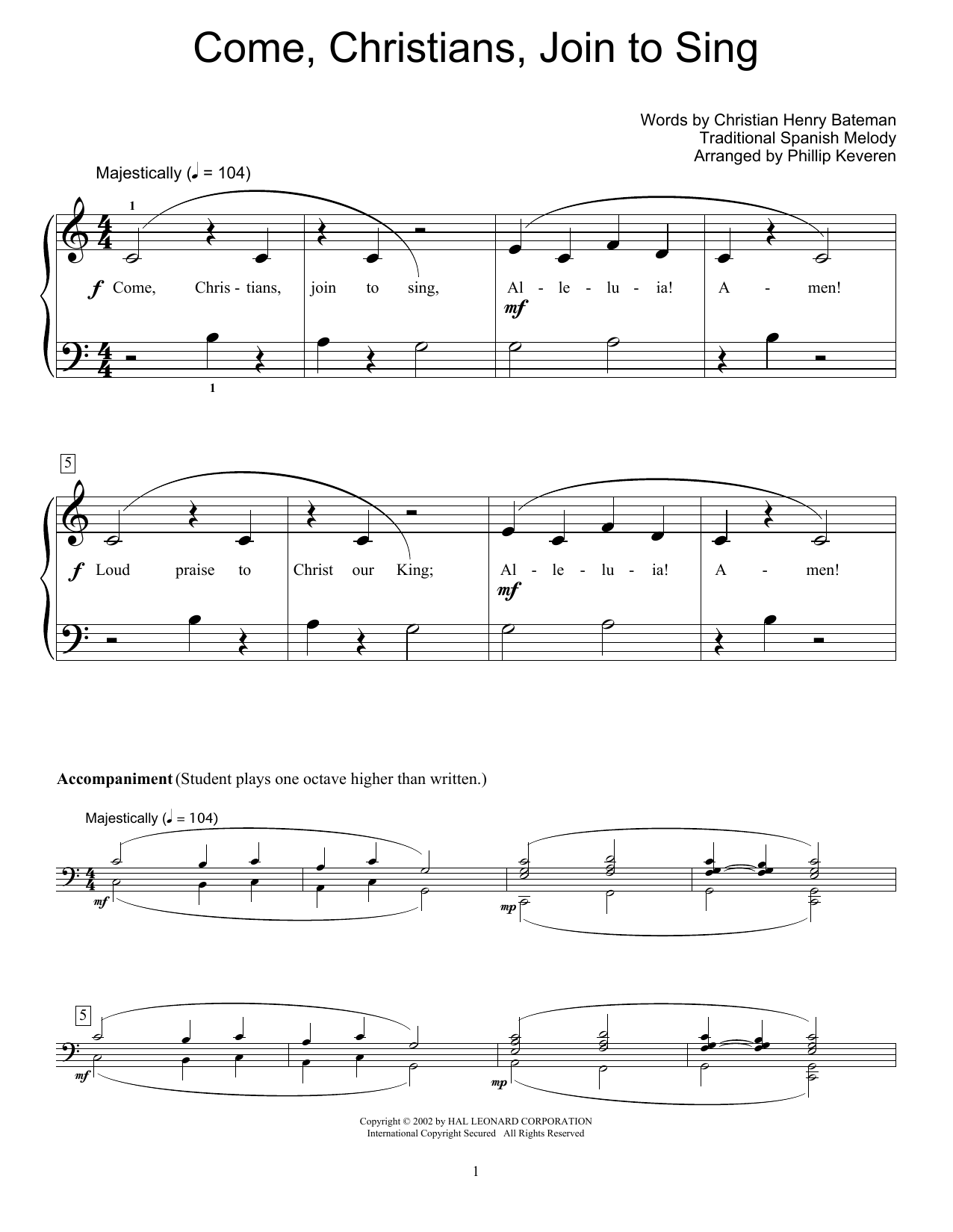 Fred Kern Come, Christians, Join To Sing sheet music, chords, lyrics - Printable PDF for Educational Piano