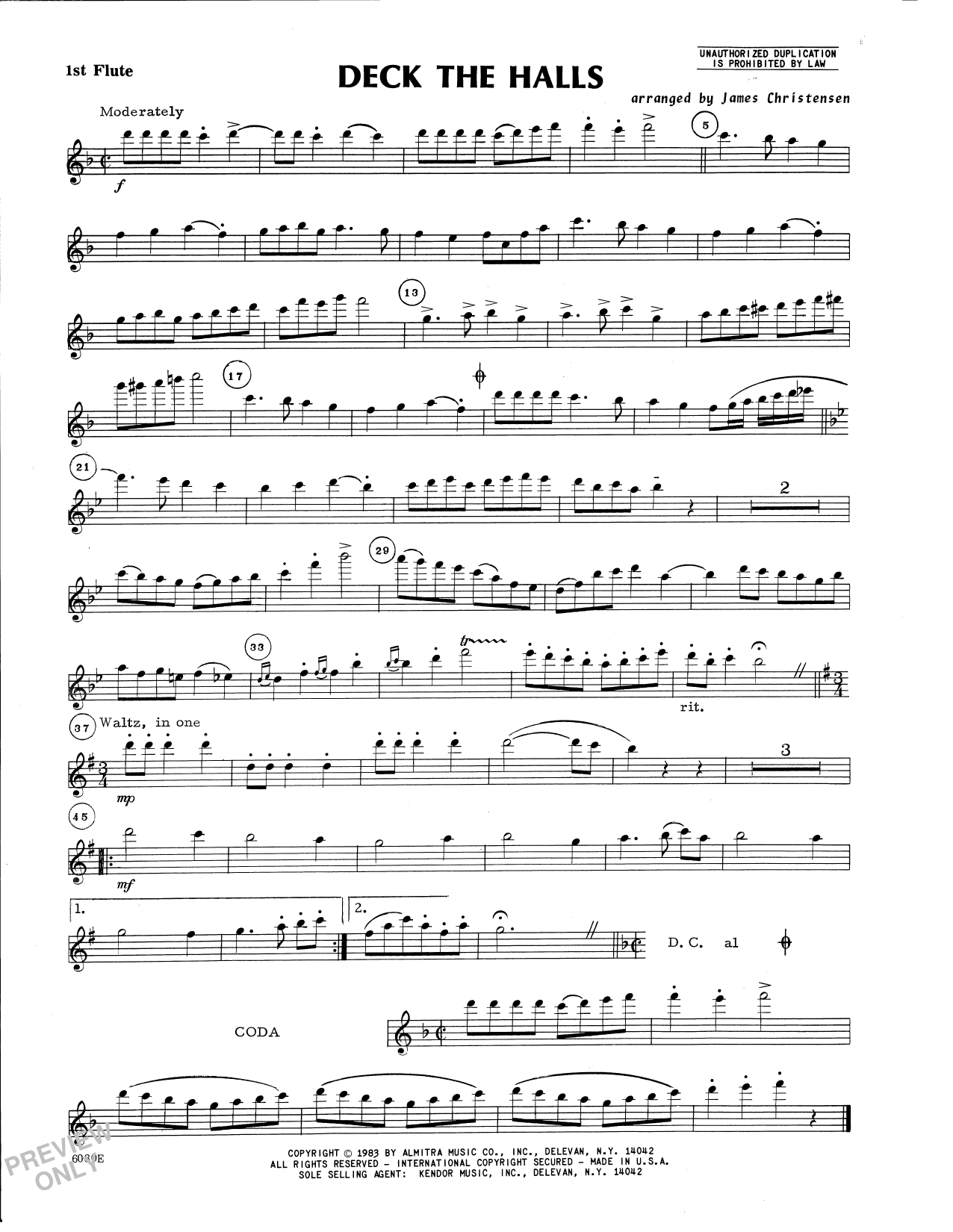 Traditional Deck the Halls (Flute Quartet) (arr. James Christensen) - 1st Flute sheet music preview music notes and score for Woodwind Ensemble including 1 page(s)