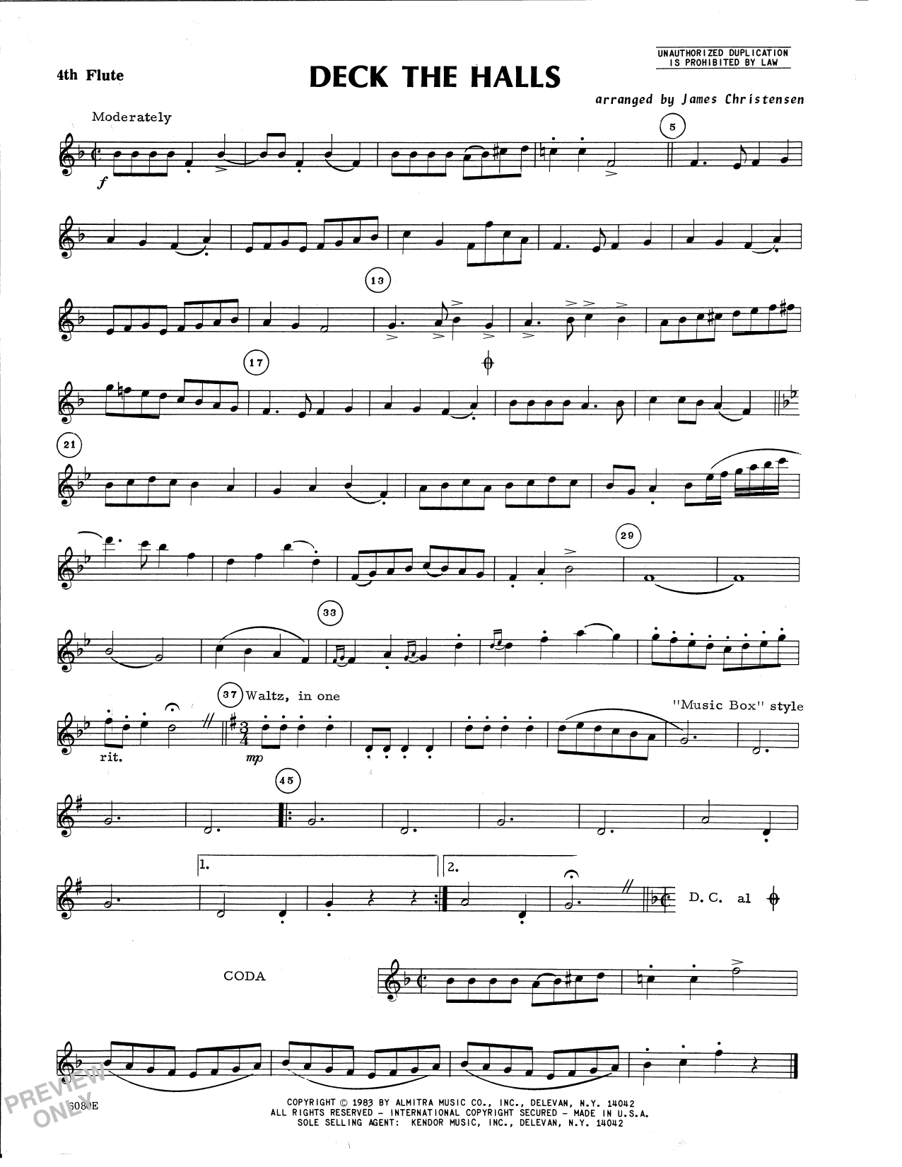 Traditional Deck the Halls (Flute Quartet) (arr. James Christensen) - 4th Flute sheet music preview music notes and score for Woodwind Ensemble including 1 page(s)