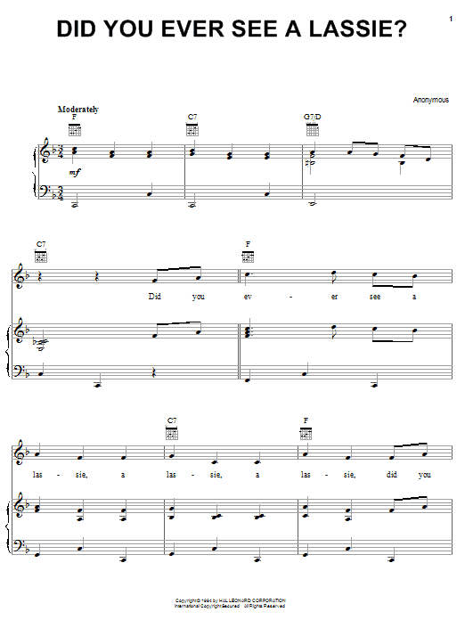 Traditional Did You Ever See A Lassie? sheet music preview music notes and score for Piano, Vocal & Guitar (Right-Hand Melody) including 2 page(s)