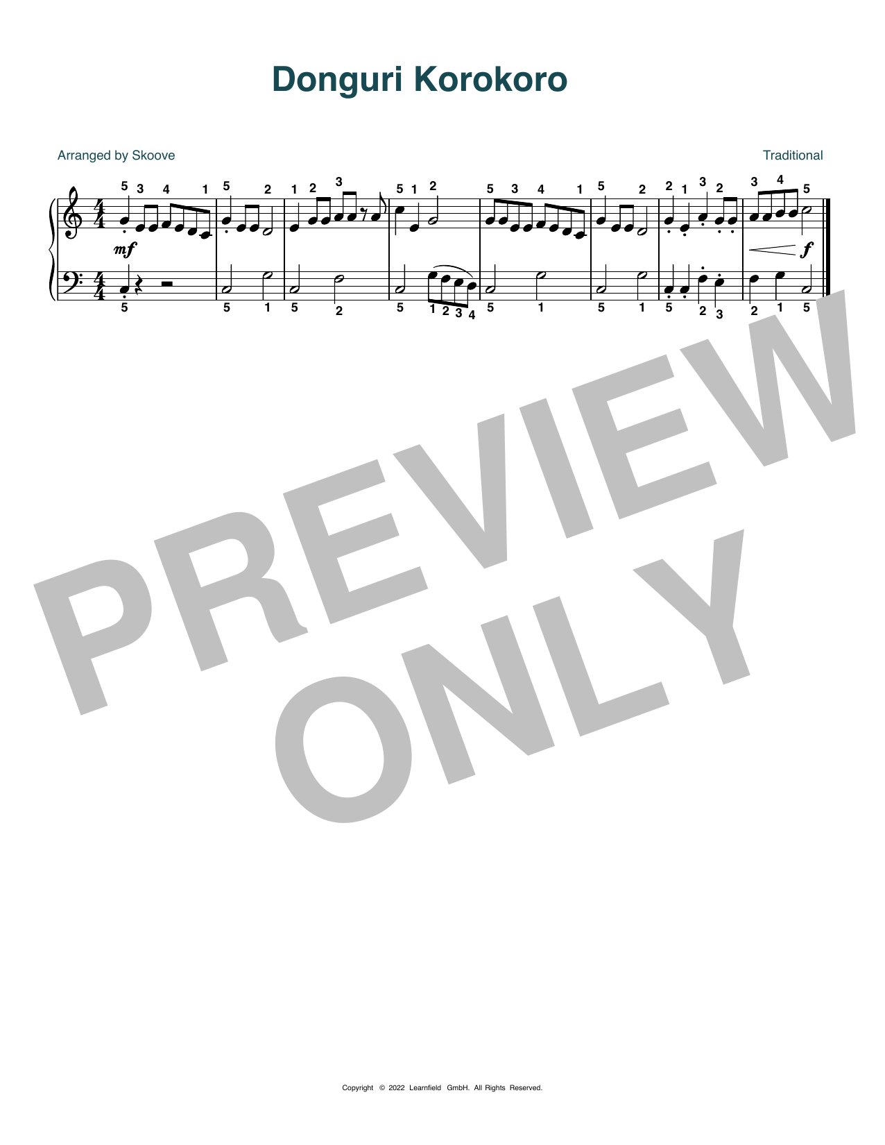 Traditional Donguri Korokoro (arr. Skoove) sheet music, chords, lyrics - Printable PDF for Beginner Piano (Abridged)