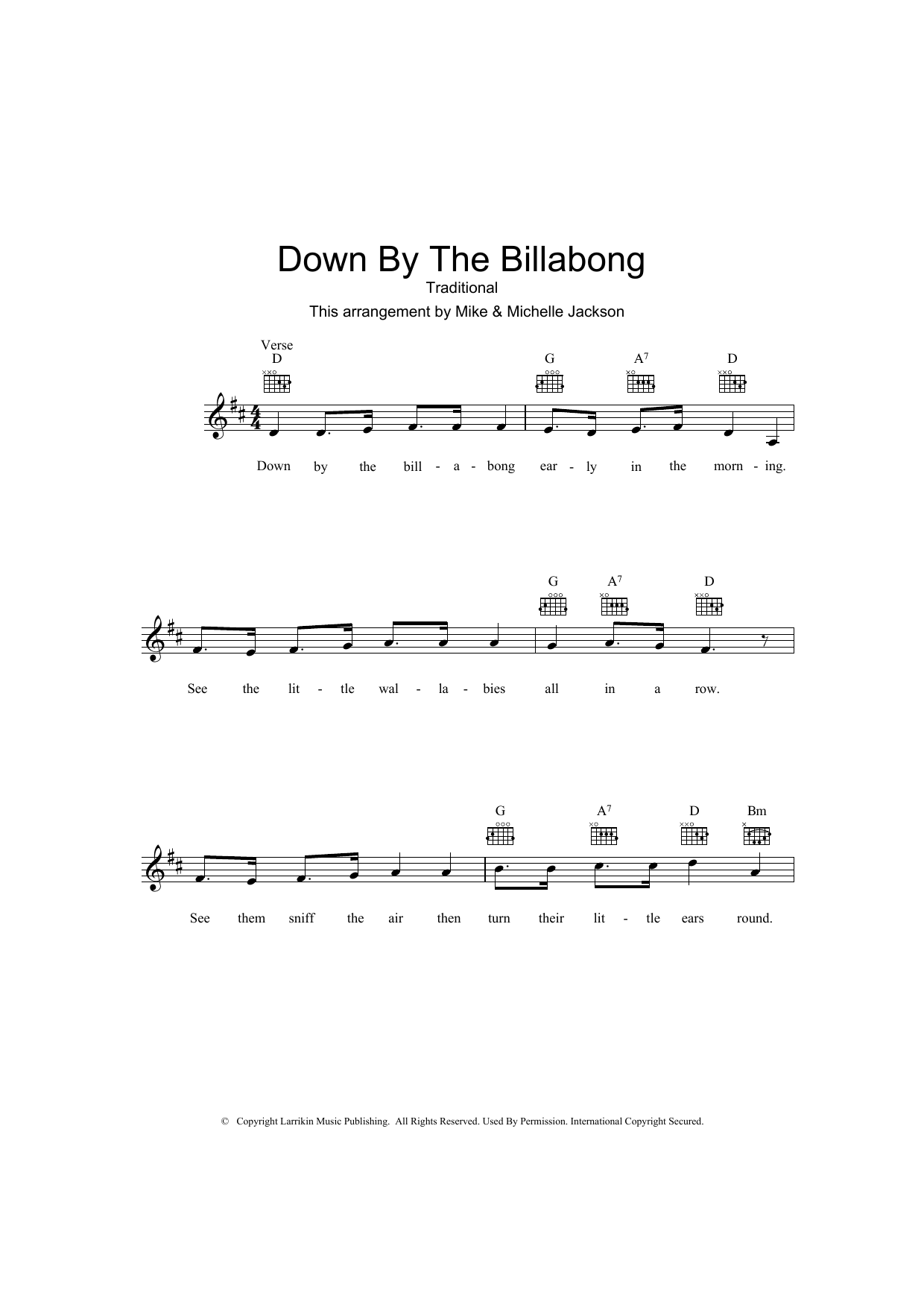 Learn to play Traditional Down By The Billabong sheet music for Melody Line, Lyrics & Chords in minutes. Traditional Down By The Billabong sheet music preview music notes and score for Melody Line, Lyrics & Chords including 2 page(s)