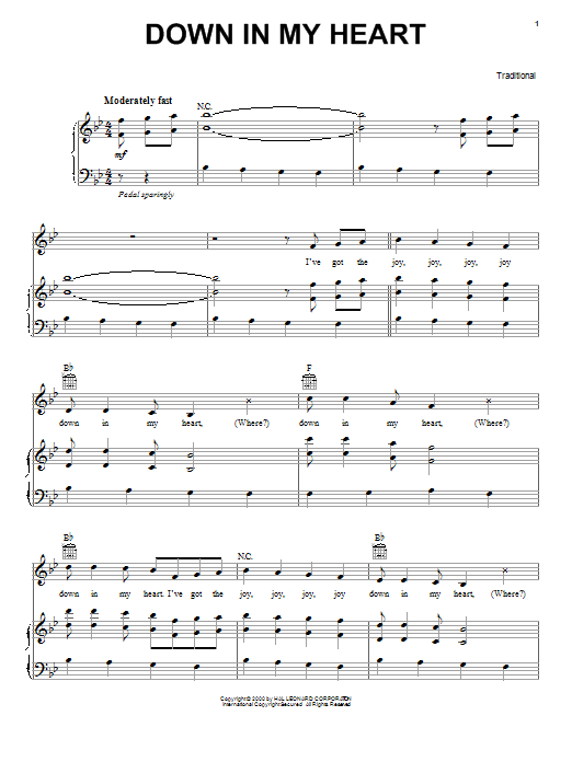 Traditional Down In My Heart sheet music preview music notes and score for Piano, Vocal & Guitar (Right-Hand Melody) including 3 page(s)