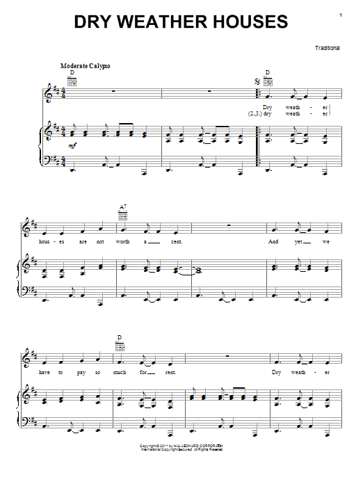 Learn to play Traditional Dry Weather Houses sheet music for Piano, Vocal & Guitar (Right-Hand Melody) in minutes. Traditional Dry Weather Houses sheet music preview music notes and score for Piano, Vocal & Guitar (Right-Hand Melody) including 3 page(s)
