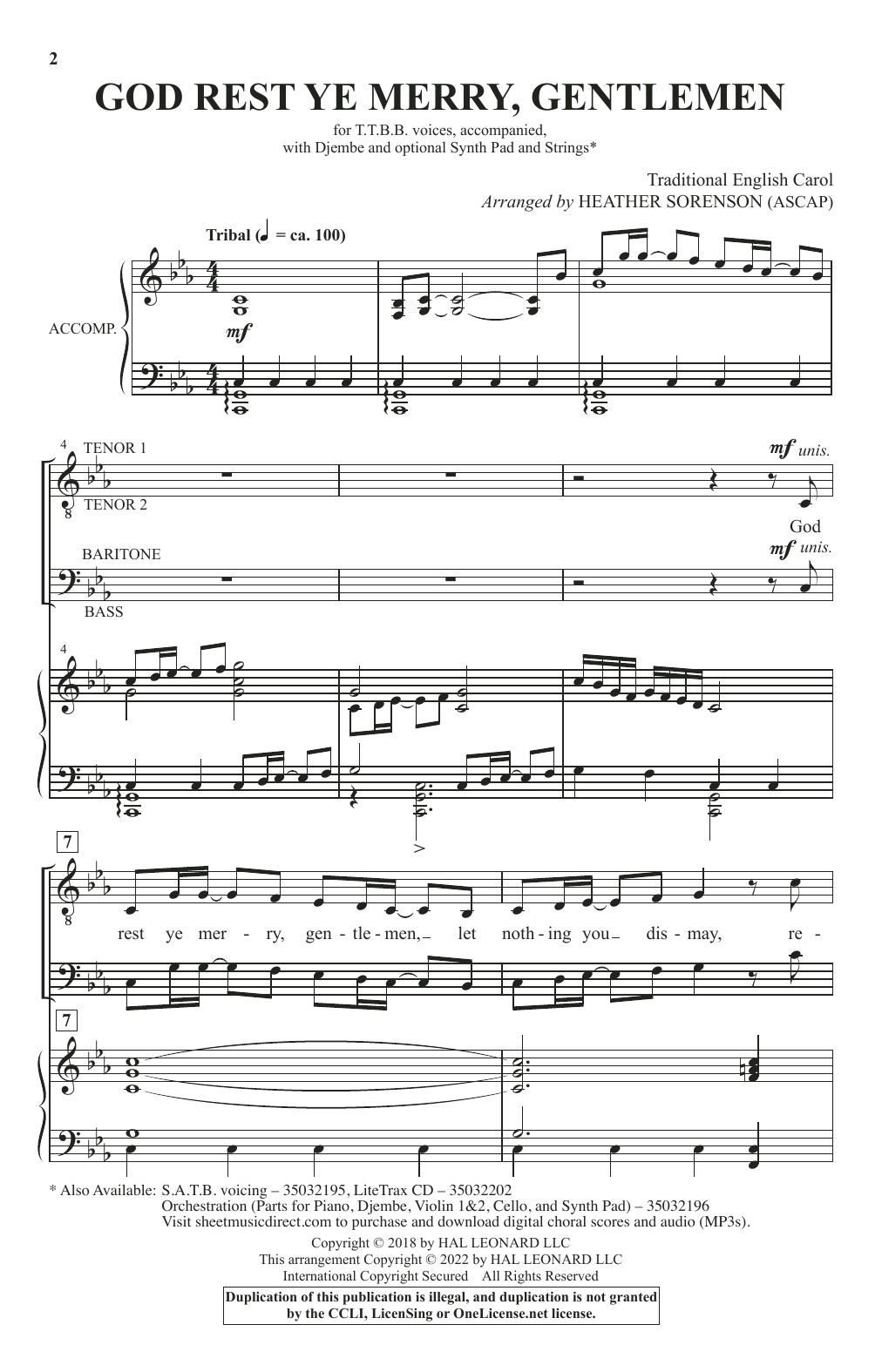 Traditional English Carol God Rest Ye Merry, Gentlemen (arr. Heather Sorenson) sheet music, chords, lyrics - Printable PDF for TTBB Choir