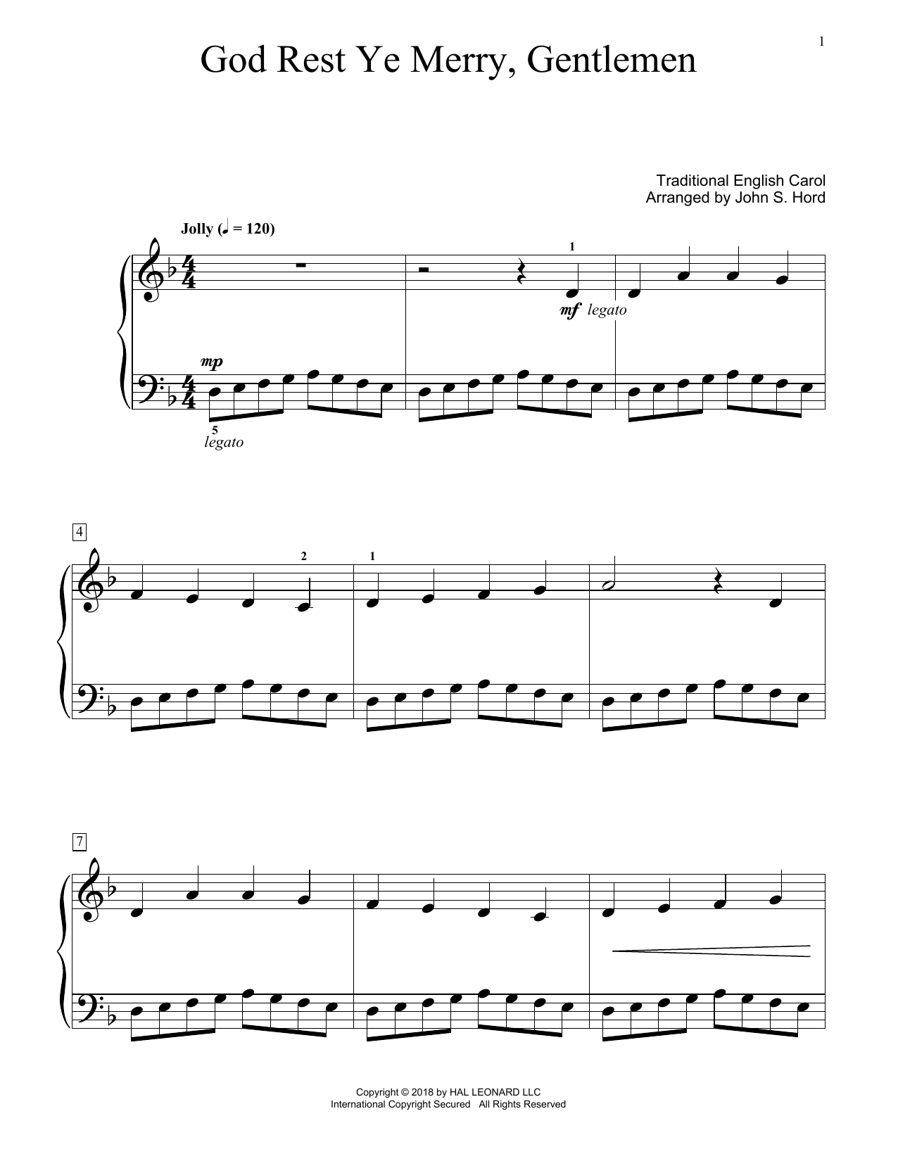 Traditional English Carol God Rest Ye Merry, Gentlemen (arr. John S. Hord) sheet music, chords, lyrics - Printable PDF for Educational Piano