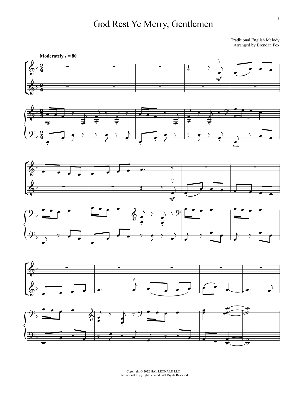 Traditional English Carol God Rest Ye Merry, Gentlemen (for Violin Duet and Piano) sheet music, chords, lyrics - Printable PDF for Violin and Piano
