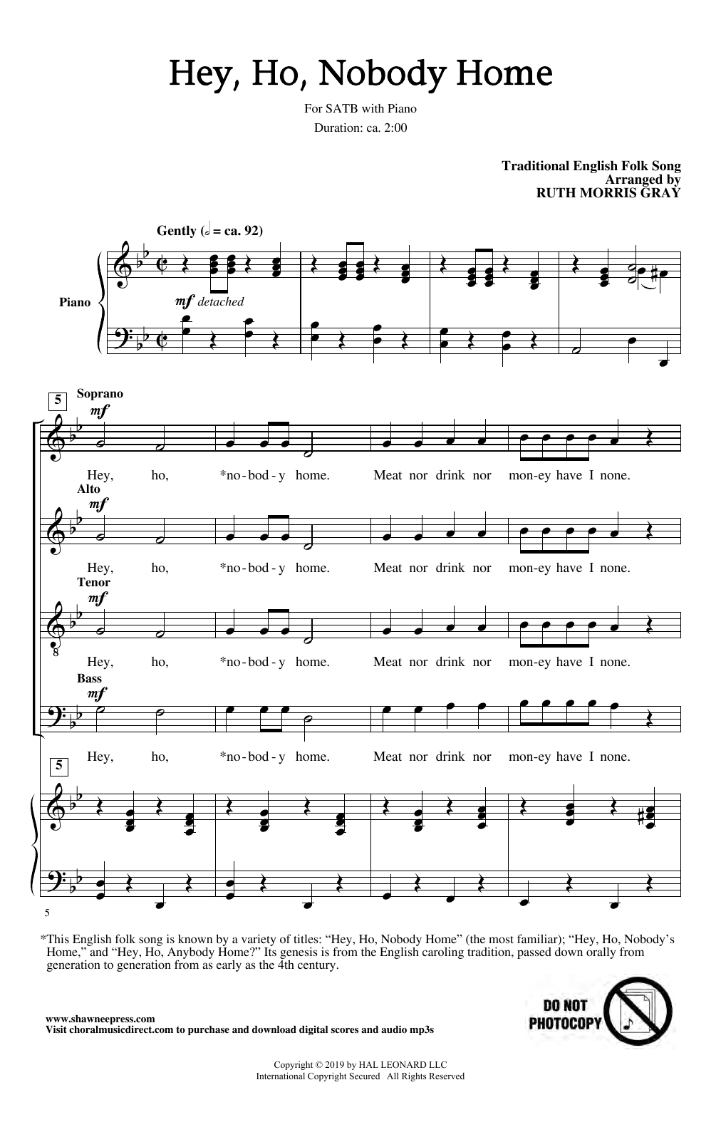 Traditional English Folk Song Hey Ho, Nobody Home (arr. Ruth Morris Gray) sheet music, chords, lyrics - Printable PDF for SATB Choir