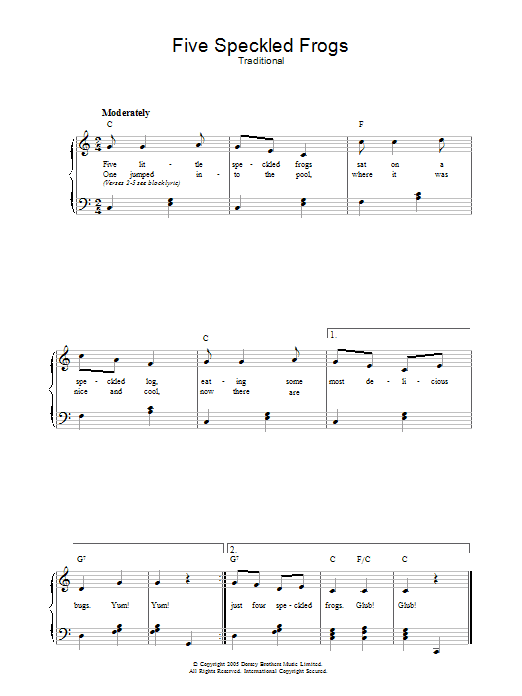 Traditional Five Little Speckled Frogs sheet music preview music notes and score for Piano & Vocal including 2 page(s)