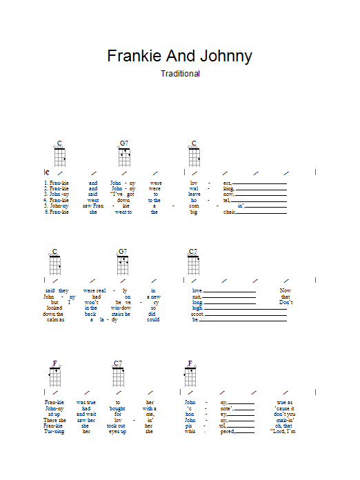 Learn to play Traditional Frankie And Johnny sheet music for Ukulele with strumming patterns in minutes. Traditional Frankie And Johnny sheet music preview music notes and score for Ukulele with strumming patterns including 2 page(s)