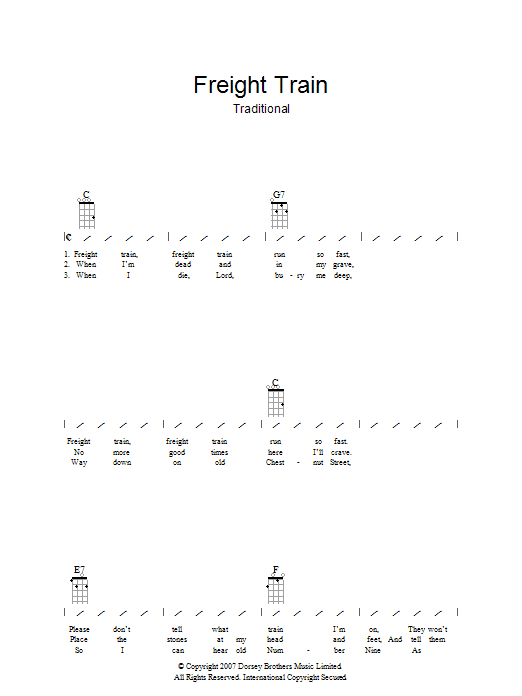 Learn to play Traditional Freight Train sheet music for Ukulele with strumming patterns in minutes. Traditional Freight Train sheet music preview music notes and score for Ukulele with strumming patterns including 2 page(s)