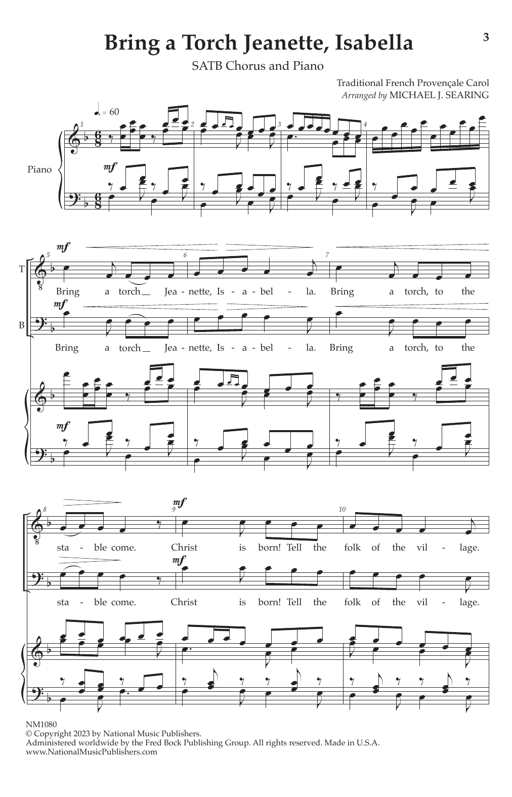 Traditional French Carol Bring a Torch, Jeanette, Isabella (arr. Michael J. Searing) sheet music, chords, lyrics - Printable PDF for SATB Choir