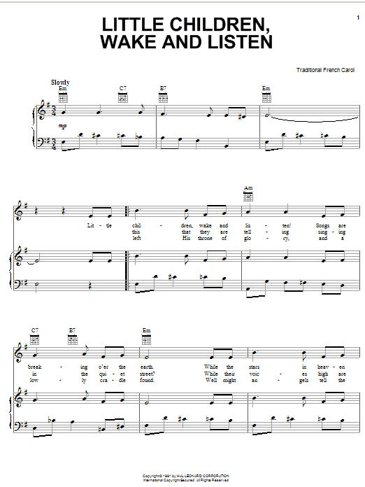 Traditional Carol Little Children, Wake And Listen sheet music, chords, lyrics - Printable PDF for Piano, Vocal & Guitar (Right-Hand Melody)