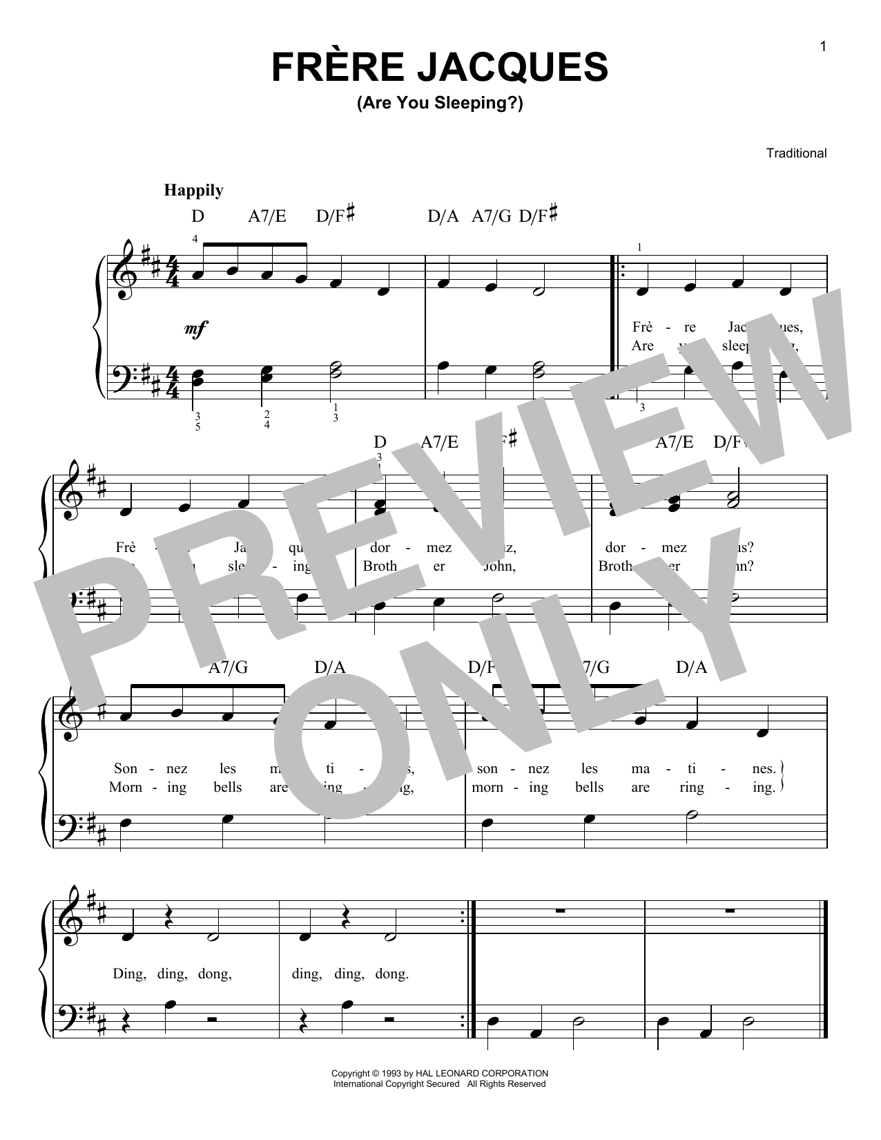 Traditional Frere Jacques (Are You Sleeping?) sheet music preview music notes and score for Piano & Vocal including 2 page(s)