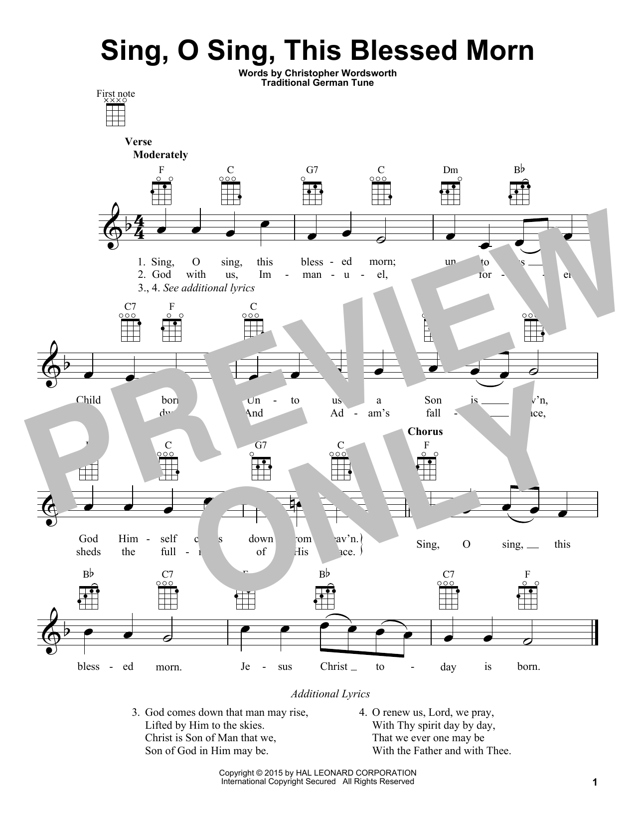 Traditional German Sing, O Sing, This Blessed Morn sheet music, chords, lyrics - Printable PDF for Ukulele
