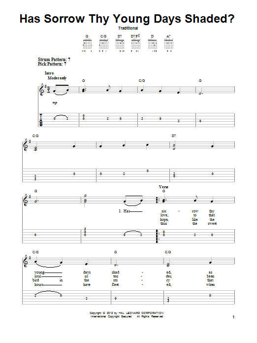 Traditional Has Sorrow Thy Young Days Shaded? sheet music, chords, lyrics - Printable PDF for Easy Guitar Tab