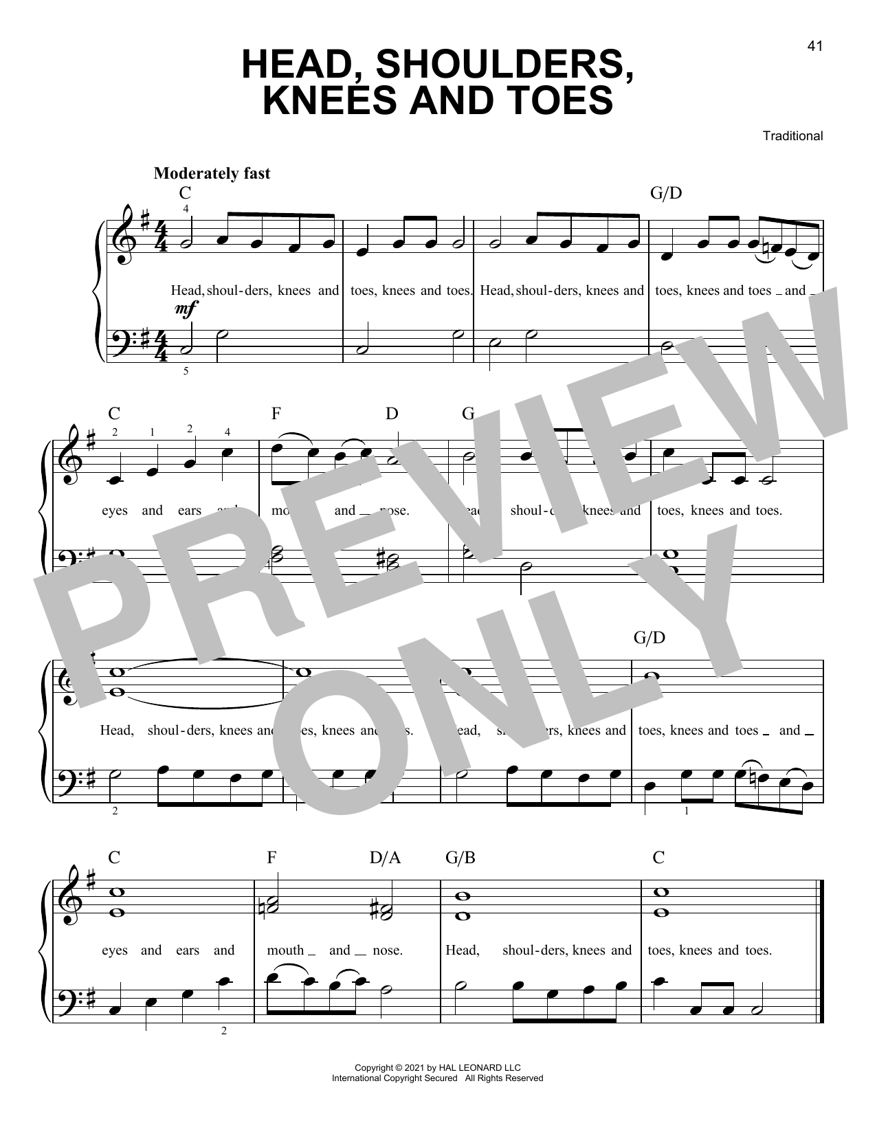 Traditional Head, Shoulders, Knees And Toes sheet music, chords, lyrics - Printable PDF for Easy Piano
