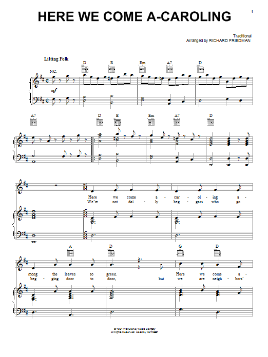 Learn to play Richard Friedman Here We Come A-Caroling sheet music for Piano, Vocal & Guitar (Right-Hand Melody) in minutes. Richard Friedman Here We Come A-Caroling sheet music preview music notes and score for Piano, Vocal & Guitar (Right-Hand Melody) including 5 page(s)