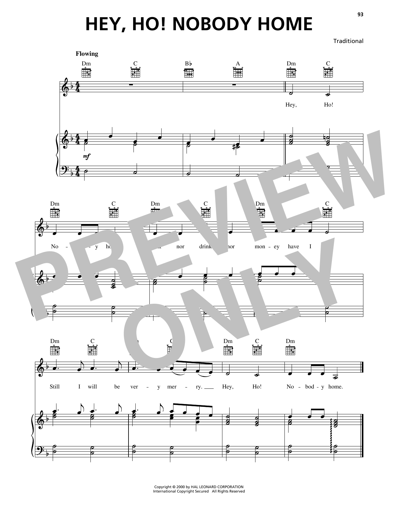 Traditional Hey, Ho! Nobody Home sheet music, chords, lyrics - Printable PDF for Piano, Vocal & Guitar Chords (Right-Hand Melody)