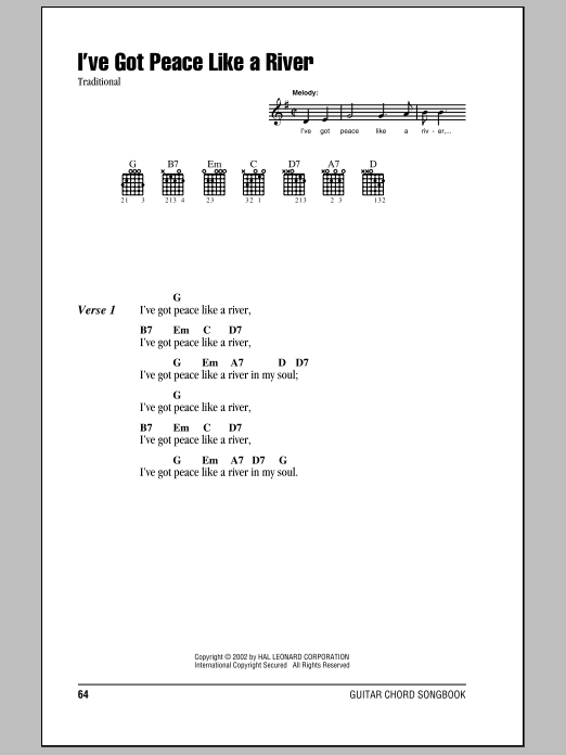 Learn to play Traditional I've Got Peace Like A River sheet music for Guitar Tab in minutes. Traditional I've Got Peace Like A River sheet music preview music notes and score for Guitar Tab including 2 page(s)