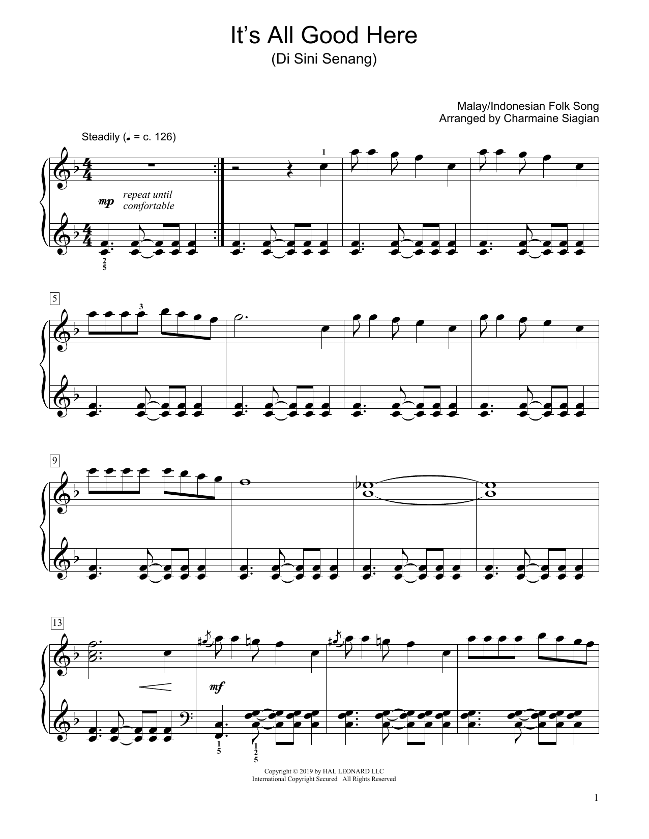 Learn to play Traditional It's All Good Here (Di Sini Senang) (arr. Charmaine Siagian) sheet music for Educational Piano in minutes. Traditional It's All Good Here (Di Sini Senang) (arr. Charmaine Siagian) sheet music preview music notes and score for Educational Piano including 2 page(s)