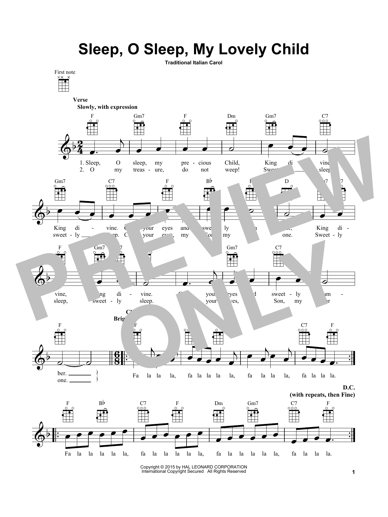 Traditional Italian Carol Sleep, O Sleep, My Lovely Child sheet music, chords, lyrics - Printable PDF for Ukulele