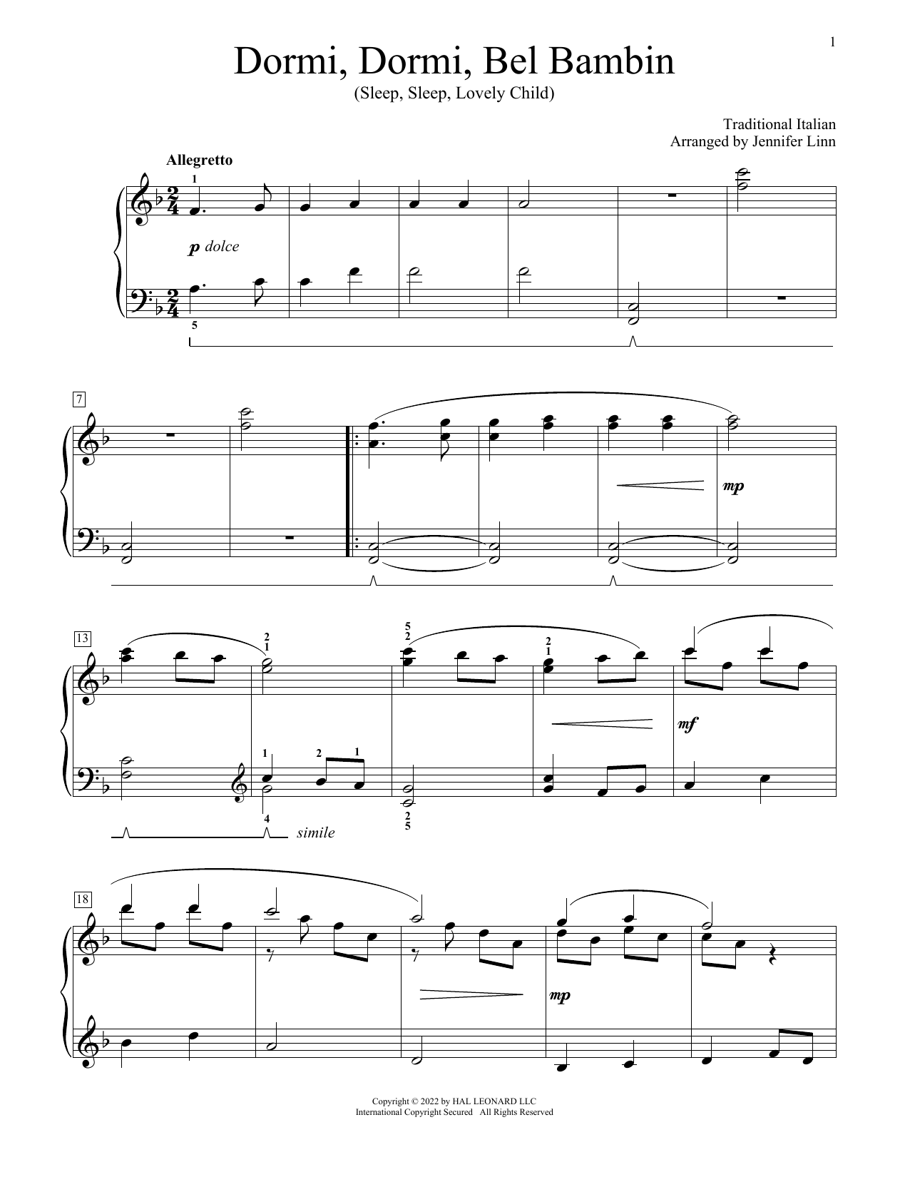 Traditional Italian Dormi, Dormi, Bel Bambino (arr. Jennifer Linn) sheet music, chords, lyrics - Printable PDF for Educational Piano