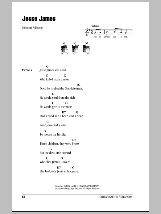 Learn to play Traditional Jesse James sheet music for Guitar Tab in minutes. Traditional Jesse James sheet music preview music notes and score for Guitar Tab including 2 page(s)