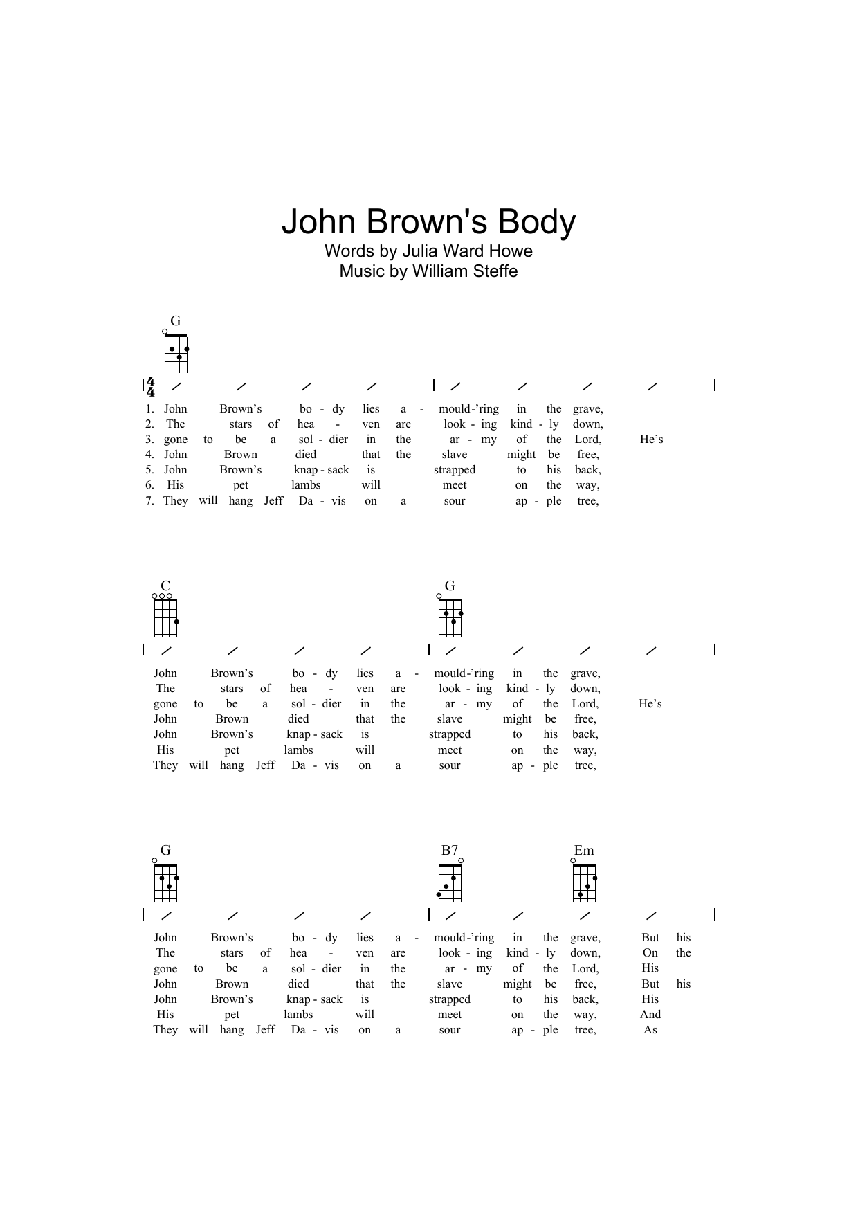 Learn to play Traditional John Brown's Body sheet music for Ukulele with strumming patterns in minutes. Traditional John Brown's Body sheet music preview music notes and score for Ukulele with strumming patterns including 2 page(s)