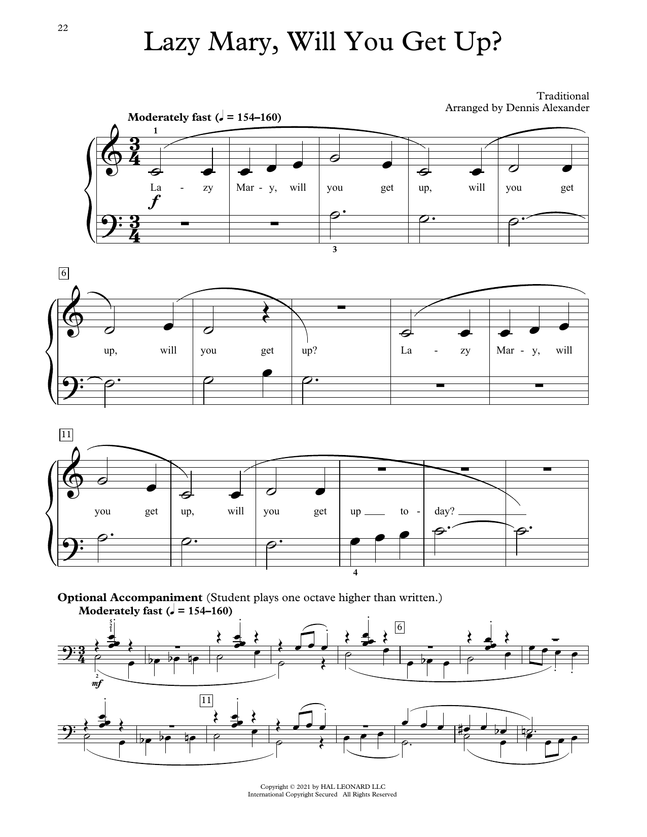 Traditional Lazy Mary, Will You Get Up? (arr. Dennis Alexander) sheet music, chords, lyrics - Printable PDF for Educational Piano