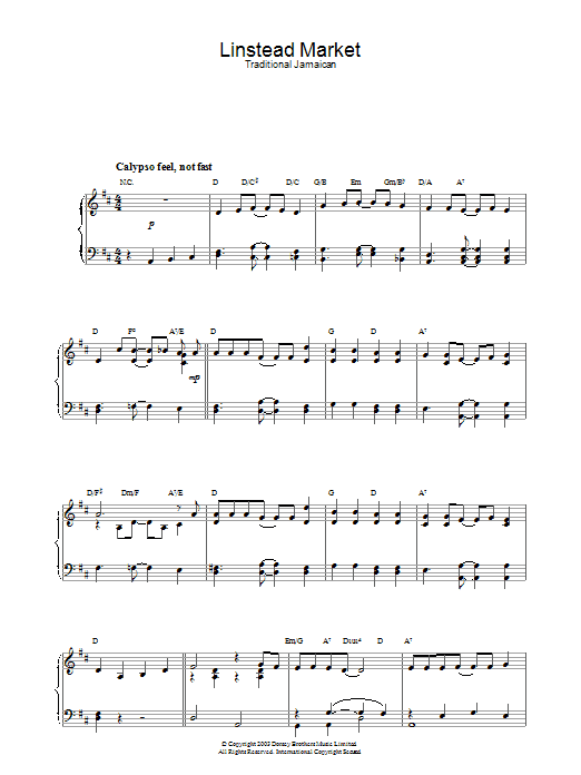 Traditional Linstead Market sheet music, chords, lyrics - Printable PDF for Piano