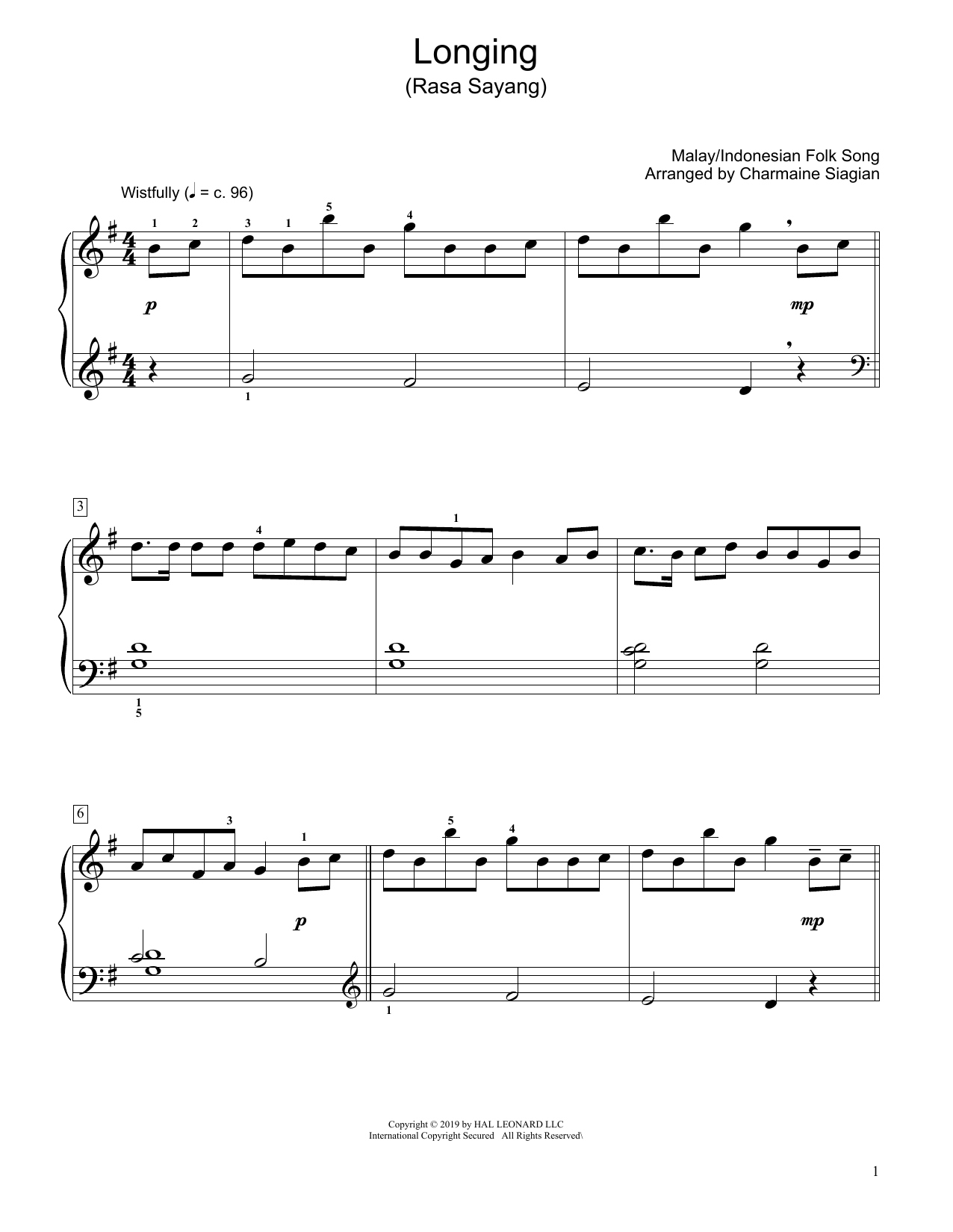Learn to play Traditional Longing (Rasa Sayang) (arr. Charmaine Siagian) sheet music for Educational Piano in minutes. Traditional Longing (Rasa Sayang) (arr. Charmaine Siagian) sheet music preview music notes and score for Educational Piano including 2 page(s)
