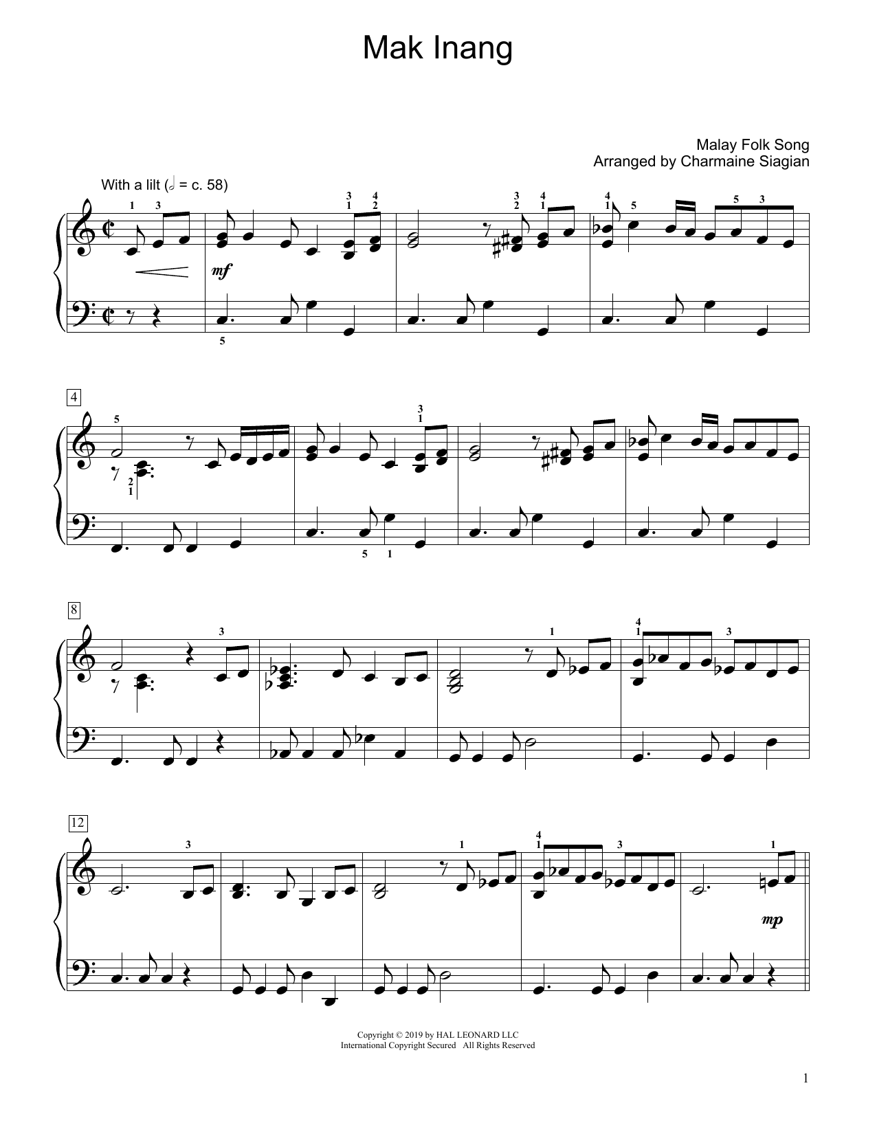 Learn to play Traditional Mak Inang (arr. Charmaine Siagian) sheet music for Educational Piano in minutes. Traditional Mak Inang (arr. Charmaine Siagian) sheet music preview music notes and score for Educational Piano including 2 page(s)