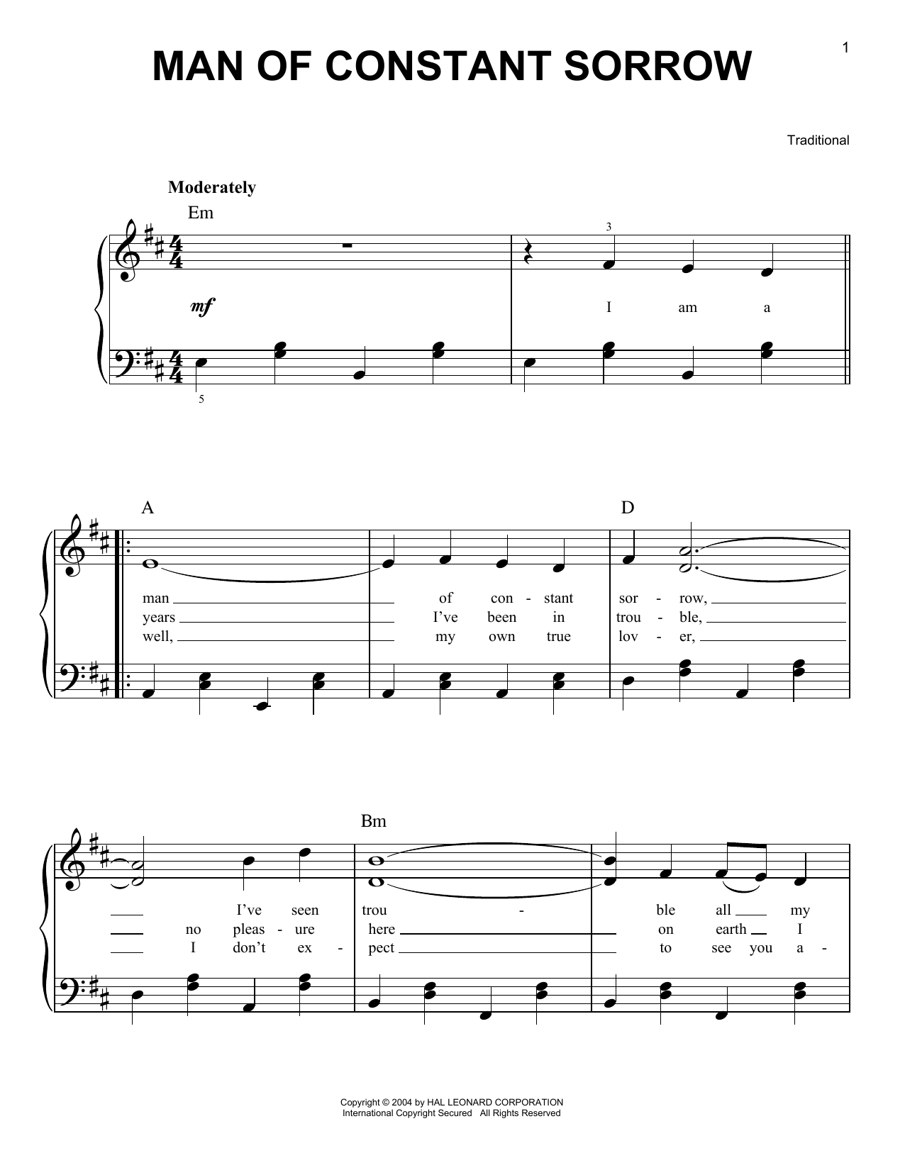 Traditional Man Of Constant Sorrow sheet music preview music notes and score for E-Z Play Today including 1 page(s)