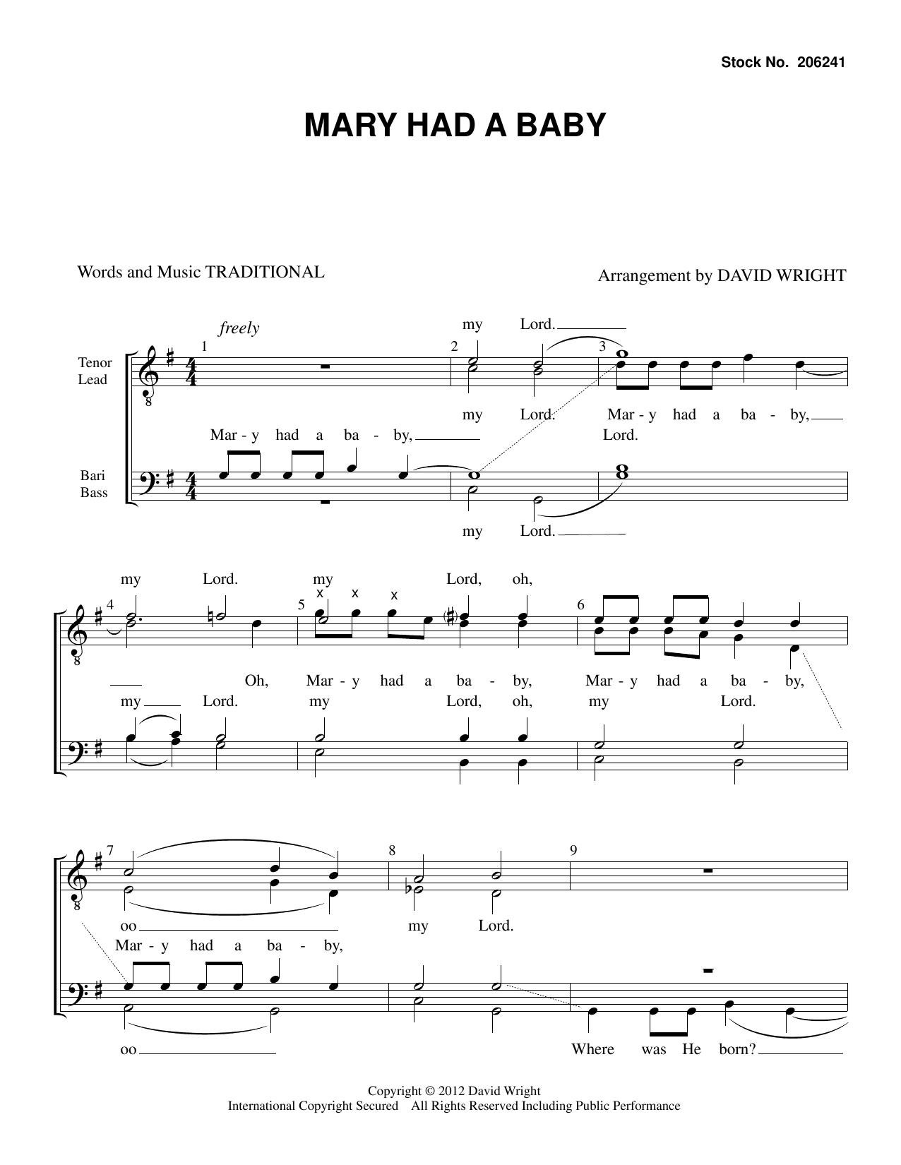 Learn to play Traditional Mary Had A Baby (arr. David Wright) sheet music for TTBB Choir in minutes. Traditional Mary Had A Baby (arr. David Wright) sheet music preview music notes and score for TTBB Choir including 4 page(s)