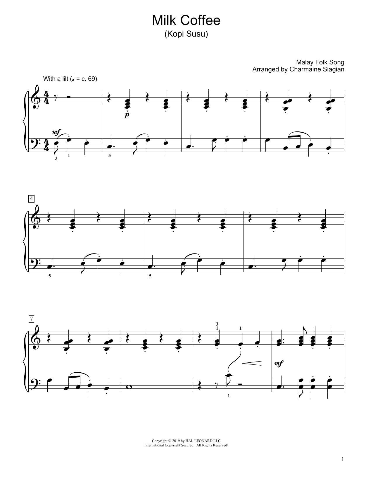 Learn to play Traditional Milk Coffee (Kopi Susu) (arr. Charmaine Siagian) sheet music for Educational Piano in minutes. Traditional Milk Coffee (Kopi Susu) (arr. Charmaine Siagian) sheet music preview music notes and score for Educational Piano including 2 page(s)