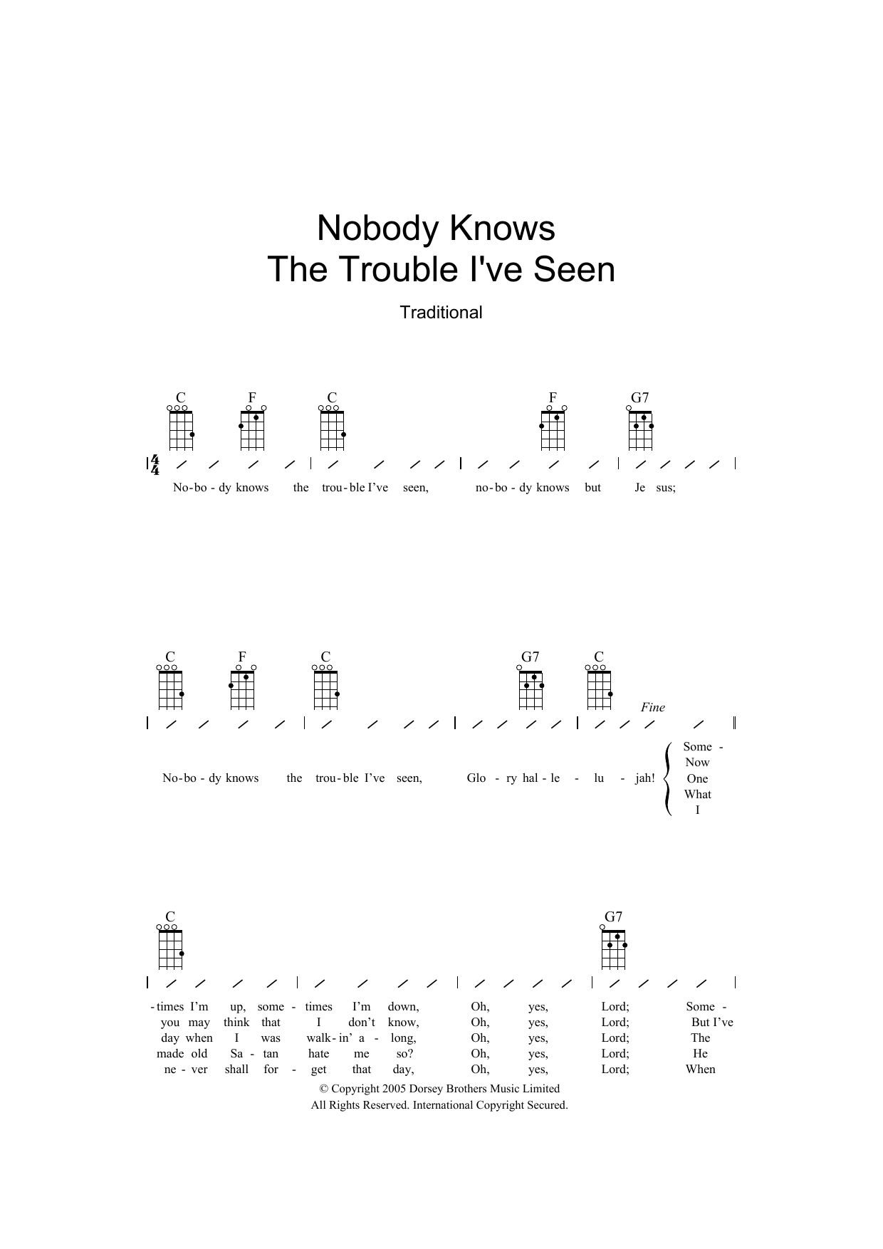Learn to play Traditional Nobody Knows The Trouble I've Seen sheet music for Ukulele with strumming patterns in minutes. Traditional Nobody Knows The Trouble I've Seen sheet music preview music notes and score for Ukulele with strumming patterns including 2 page(s)