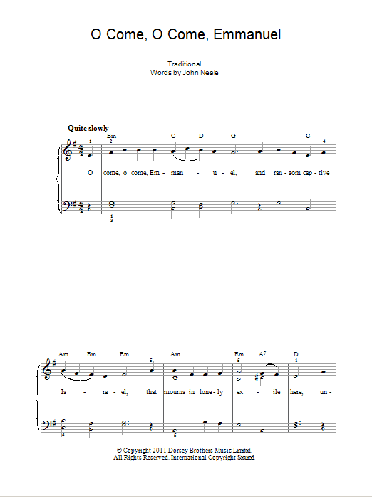 Christmas Carol O Come, O Come, Emmanuel sheet music, chords, lyrics - Printable PDF for Beginner Piano