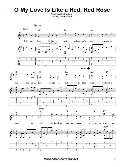 Learn to play Traditional O My Love Is Like A Red, Red Rose sheet music for Guitar Tab in minutes. Traditional O My Love Is Like A Red, Red Rose sheet music preview music notes and score for Guitar Tab including 2 page(s)