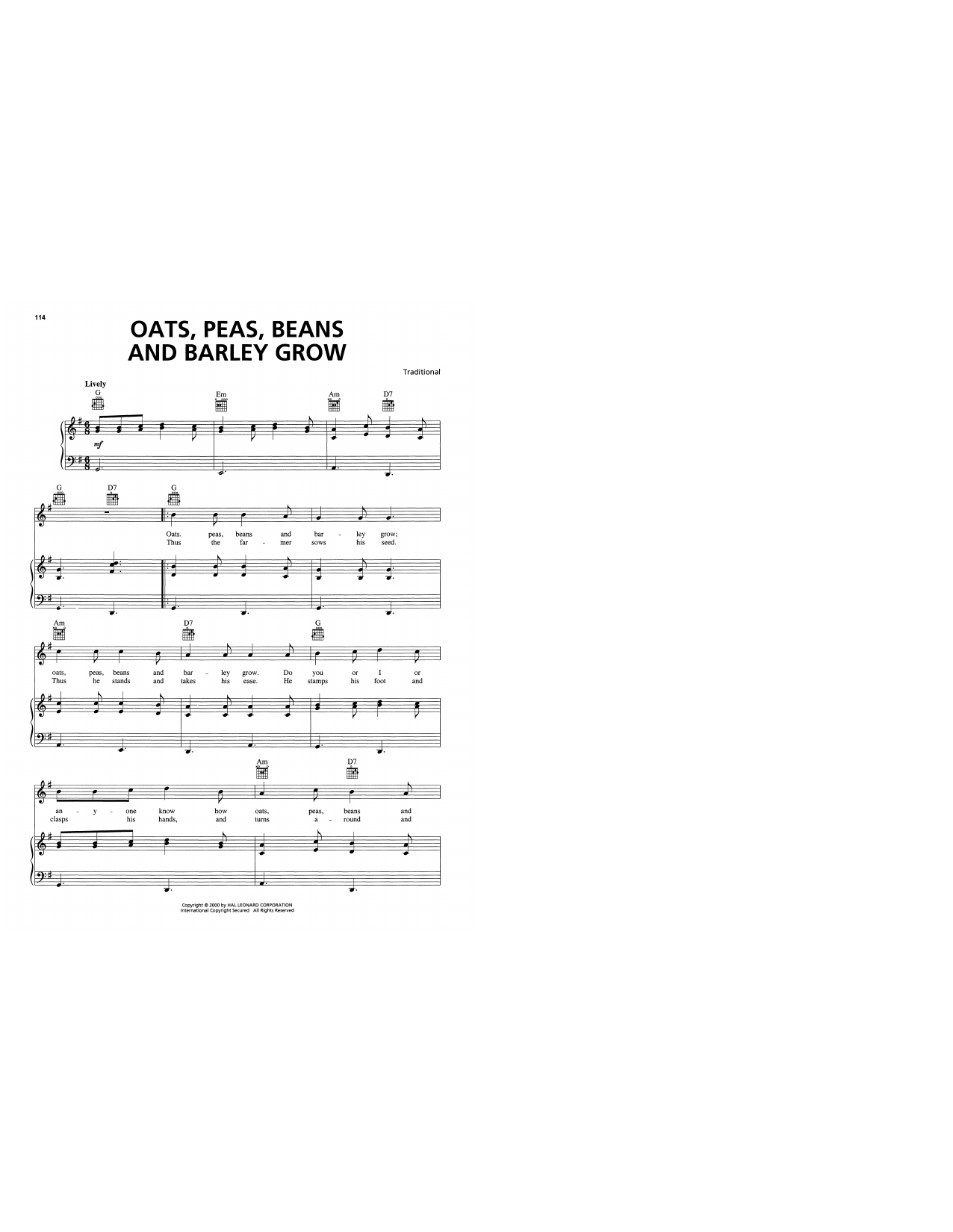 Traditional Oats, Peas, Beans And Barley Grow sheet music, chords, lyrics - Printable PDF for Piano, Vocal & Guitar Chords (Right-Hand Melody)