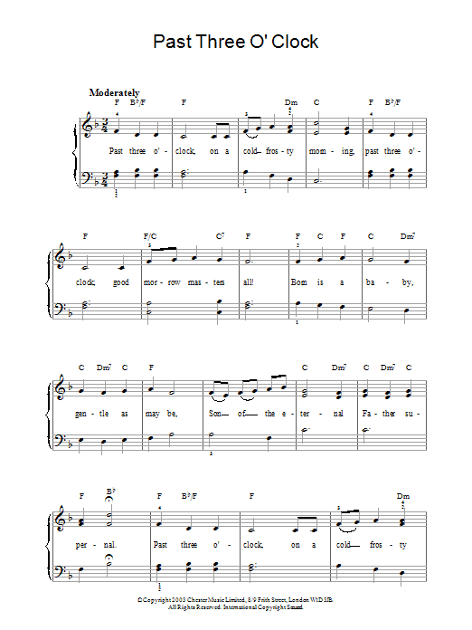 Learn to play Christmas Carol Past Three O'Clock sheet music for Piano in minutes. Christmas Carol Past Three O'Clock sheet music preview music notes and score for Piano including 2 page(s)
