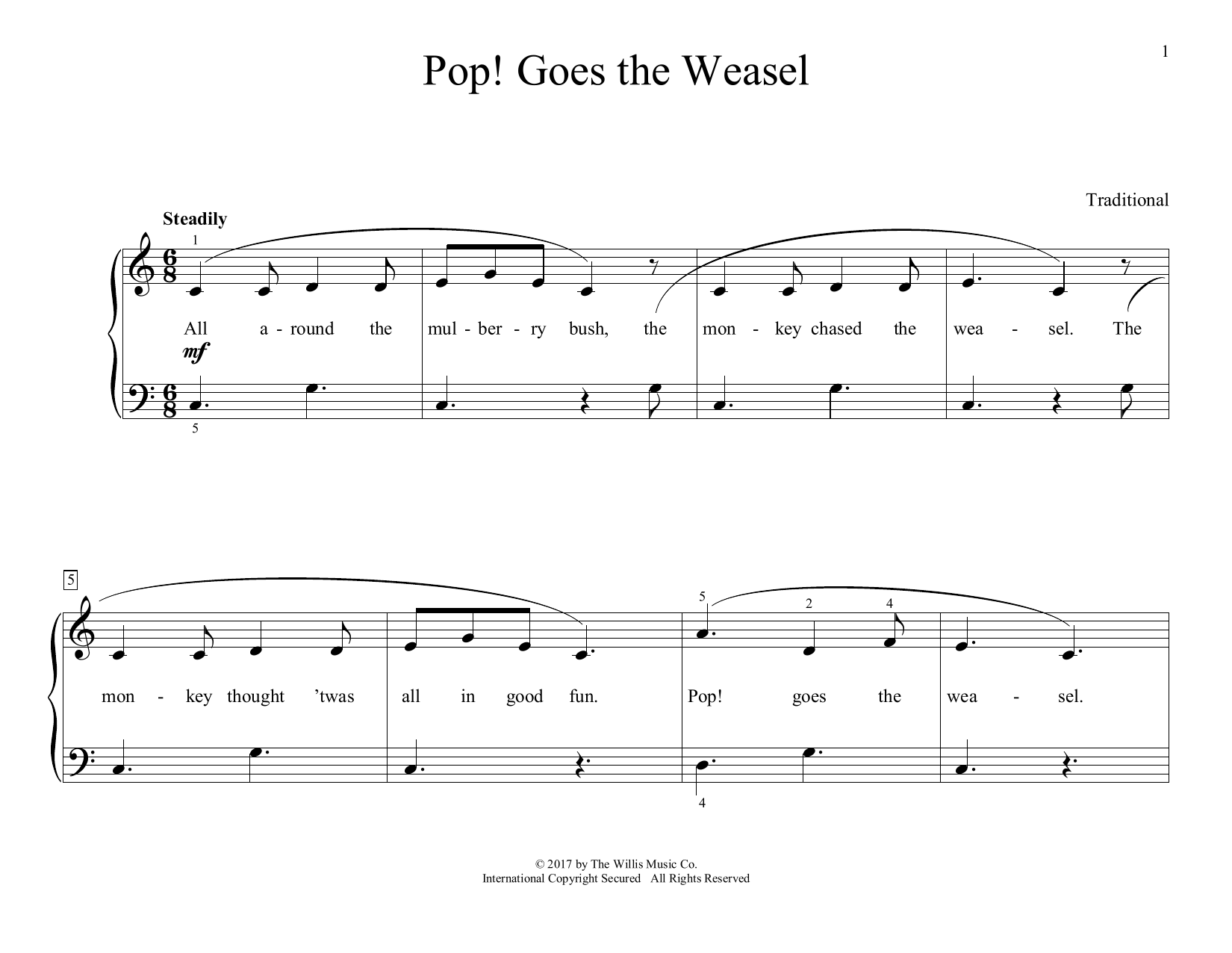 Learn to play Traditional Pop! Goes The Weasel (arr. Christopher Hussey) sheet music for Educational Piano in minutes. Traditional Pop! Goes The Weasel (arr. Christopher Hussey) sheet music preview music notes and score for Educational Piano including 2 page(s)