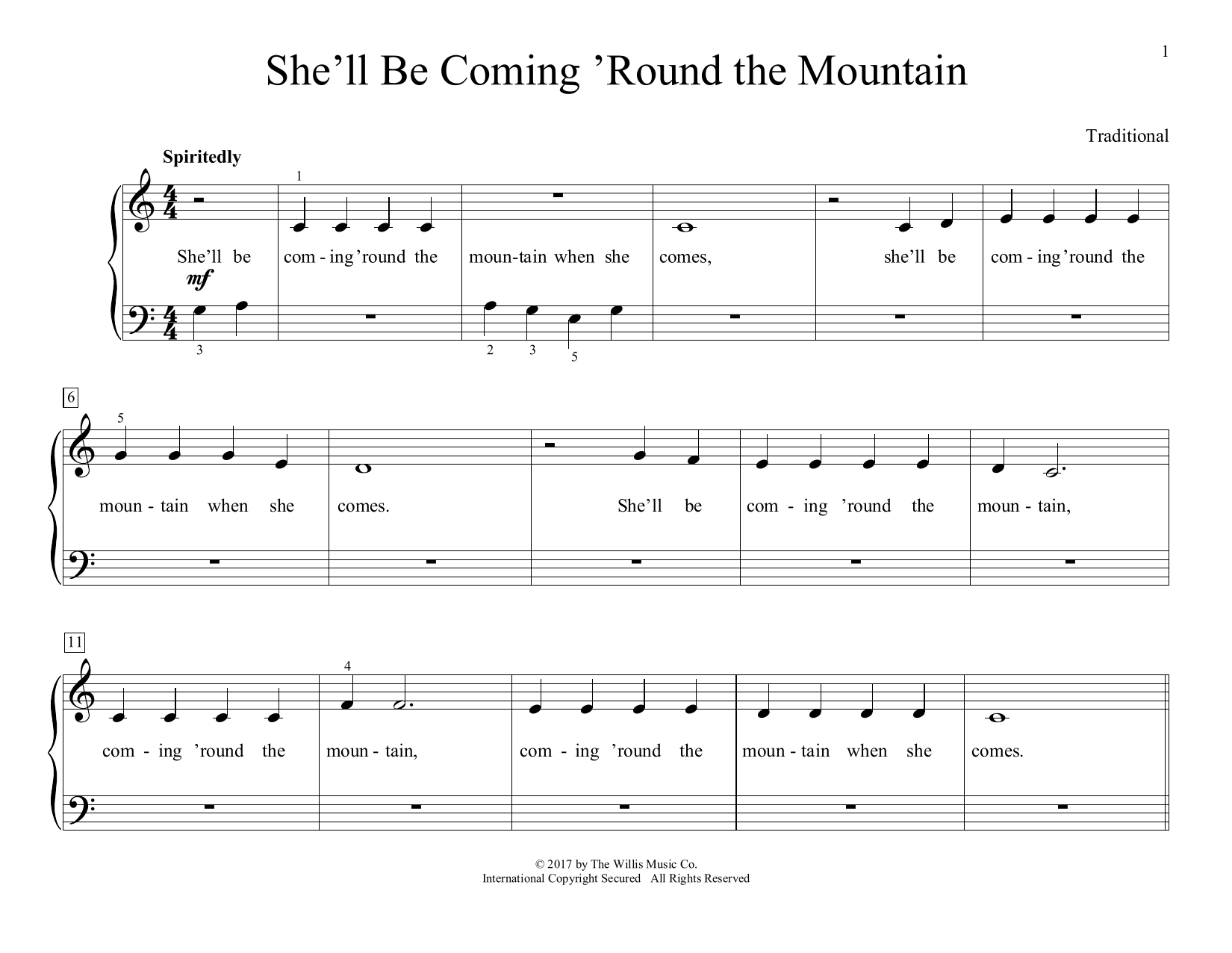 Learn to play Traditional She'll Be Coming 'Round The Mountain (arr. Christopher Hussey) sheet music for Educational Piano in minutes. Traditional She'll Be Coming 'Round The Mountain (arr. Christopher Hussey) sheet music preview music notes and score for Educational Piano including 2 page(s)