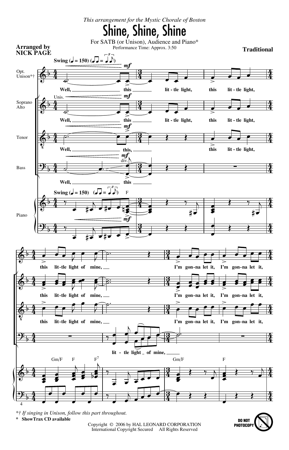 Traditional Shine, Shine, Shine (arr. Nick Page) sheet music, chords, lyrics - Printable PDF for SATB Choir