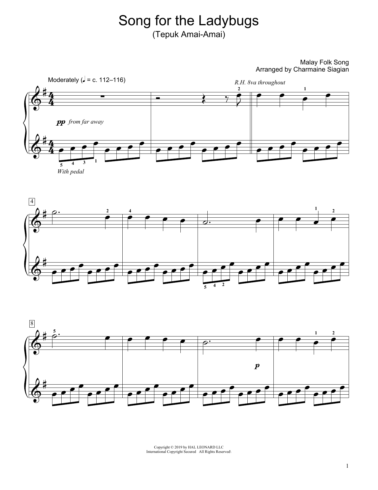 Learn to play Traditional Song For The Ladybugs (Tepuk Amai-Amai) (arr. Charmaine Siagian) sheet music for Educational Piano in minutes. Traditional Song For The Ladybugs (Tepuk Amai-Amai) (arr. Charmaine Siagian) sheet music preview music notes and score for Educational Piano including 2 page(s)