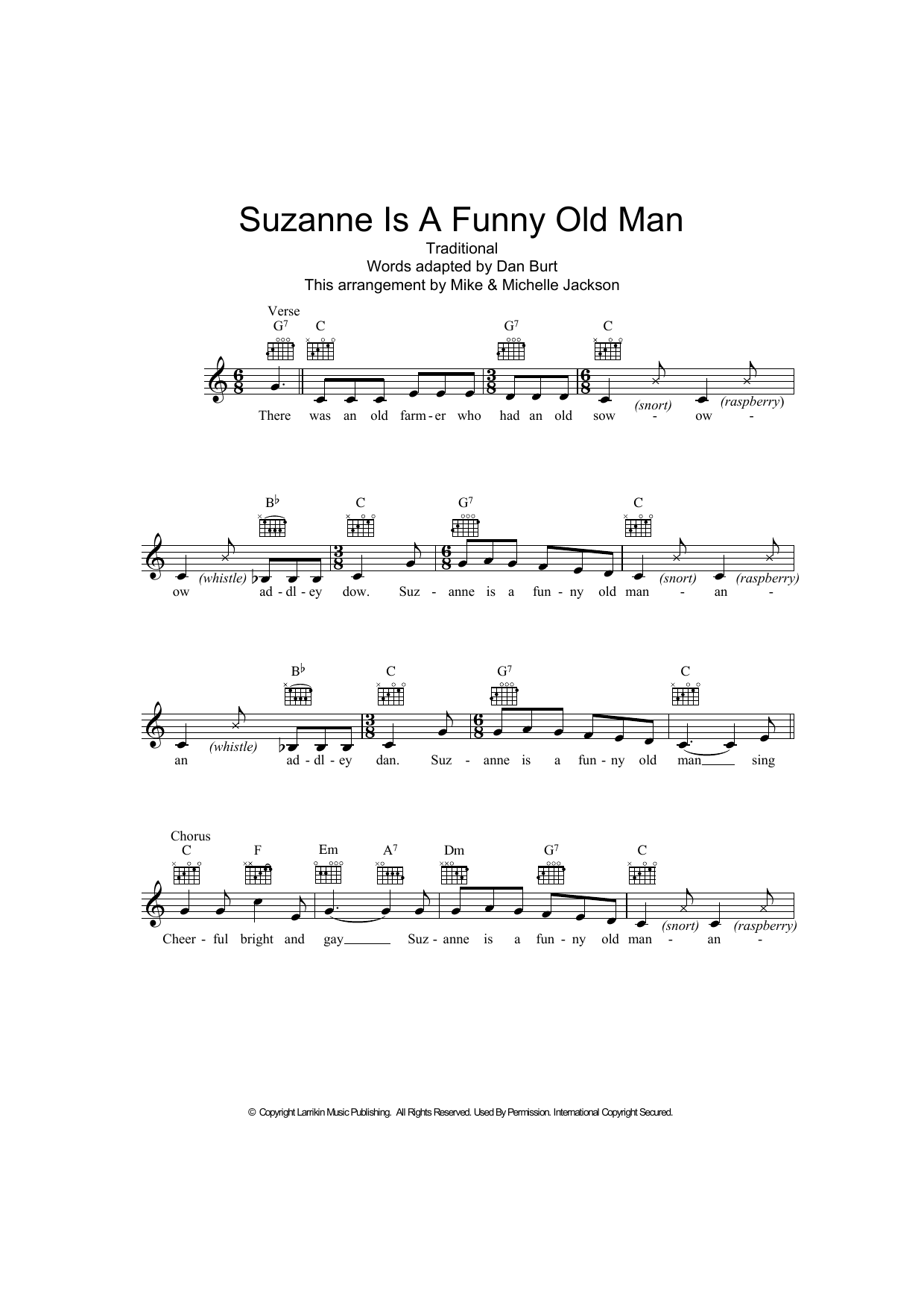 Learn to play Traditional Suzanne Is A Funny Old Man sheet music for Melody Line, Lyrics & Chords in minutes. Traditional Suzanne Is A Funny Old Man sheet music preview music notes and score for Melody Line, Lyrics & Chords including 2 page(s)