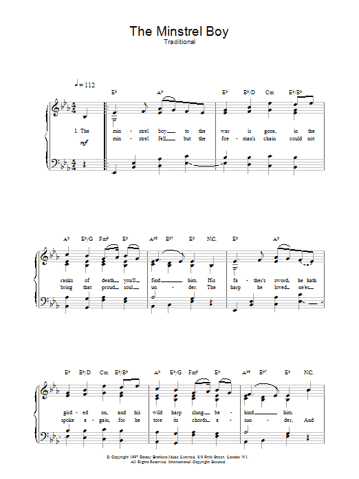 Download Traditional The Minstrel Boy sheet music notes and chords for Piano, Vocal & Guitar (Right-Hand Melody) - Download Printable PDF and start playing in minutes.