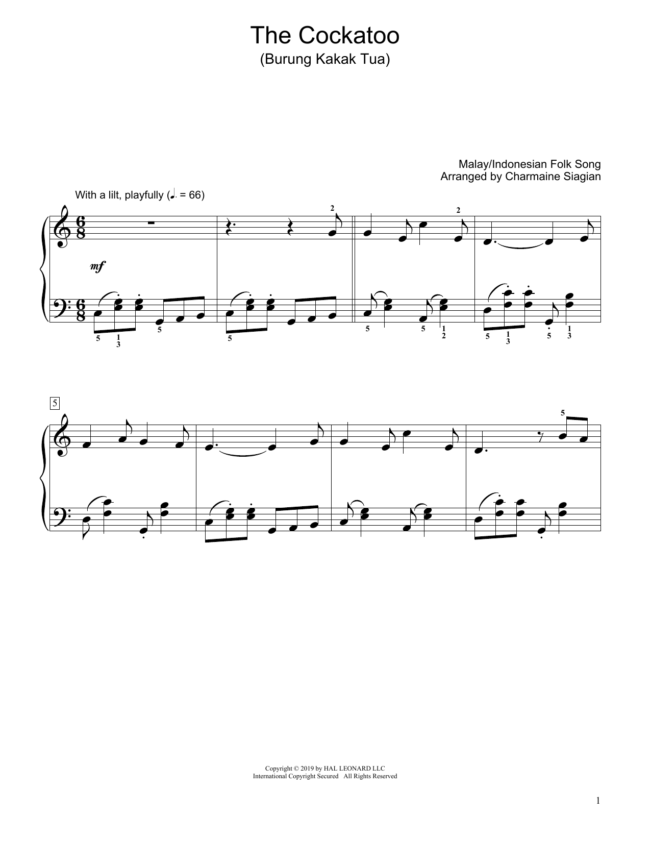 Learn to play Traditional The Cockatoo (Burung Kakak Tua) (arr. Charmaine Siagian) sheet music for Educational Piano in minutes. Traditional The Cockatoo (Burung Kakak Tua) (arr. Charmaine Siagian) sheet music preview music notes and score for Educational Piano including 3 page(s)