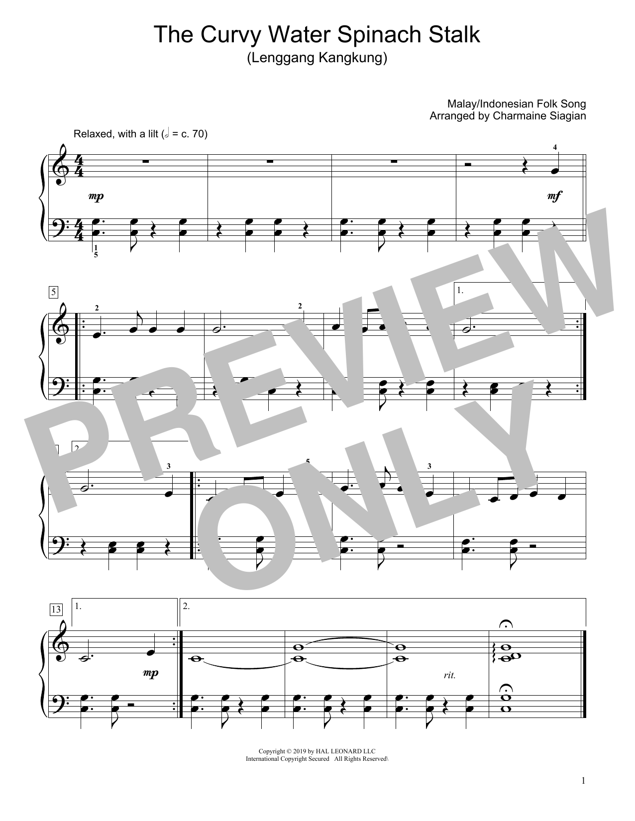 Learn to play Traditional The Curvy Water Spinach Stalk (Lenggang Kangkung) (arr. Charmaine Siagian) sheet music for Educational Piano in minutes. Traditional The Curvy Water Spinach Stalk (Lenggang Kangkung) (arr. Charmaine Siagian) sheet music preview music notes and score for Educational Piano including 1 page(s)
